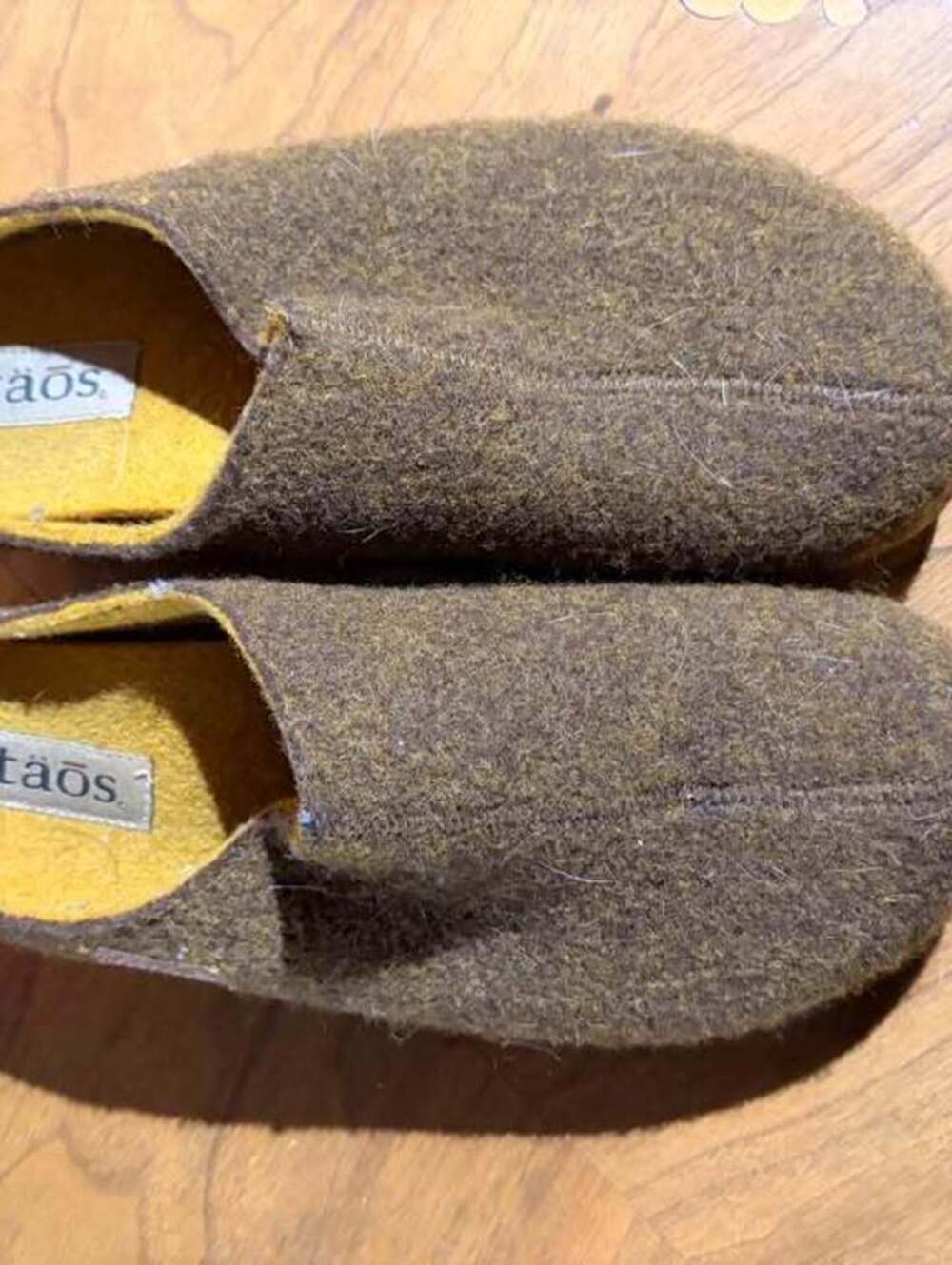 Taos Slip On Clogs Felt like Fabric Brown and Mustard